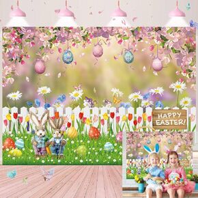 Spring Photo Backdrop Spring Photography Backdrop Rabbit Colorful Eggs Rainbow Background for Easter Party Decoration Children Adult Birthday Party Banner (7X5FT(82x59inch))