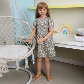 47inch Reborn Toddler Doll,Huge Baby Full Body Hard Vinyl Smile Girl Real Child Realistic Newrbo Toddler Dolls Girl Age 4 Dress Model Brown Hair Girl Collectible Floral Dress