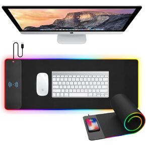 Large RGB Gaming Mouse Pad with 15W Wireless Charging - 10 Light Modes, Smooth Surface, Non-Slip Base - Ideal for Gaming, Office, and Home Use, Black