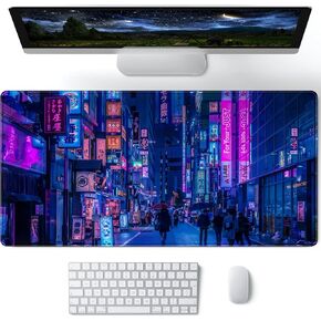 Retro Vaporwave Mouse Pad Purple Seoul City Desk Mat, Large Mouse Pad XXL Extended Gaming Mouse Mat with Non-Slip Base Stitched Eges Mousepad for Computer Office Keyboard Laptop 31.5 X 15.7In