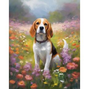 ZUVRDIAI DIY Oil Painting Paint by Number Kit for Adults Beginner Beagle Dog on Flower Meadow DIY Canvas Painting by Numbers Arts Craft for Home Decoration, 40x50cm No Frame