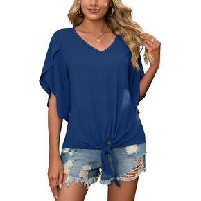 SUEANI Women's Tie Front Blouses V Neck 3/4 Split Sleeve Summer Knot Tops Shirts