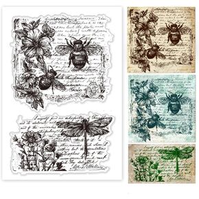 PH PandaHall Dragongfly Texture Clear Stamps, Bee Transparent Stamp Decorative Clear Stamps Flower Craft Stamp Rubber Stamp for Card Making DIY Scrapbooking Stamp Album Crafting Journal Decoration