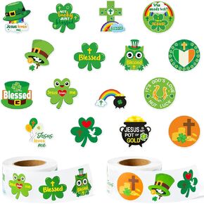 ملصقات الأطفال الدينية Haooryx - 1000pcs 16 Designs St.Patrick’s Day يسوع يحبني الله المطبوخة Green Diffectwrap Decal Irish Shamrock Green Hat Cross Gift Wabs Label Cards Cards