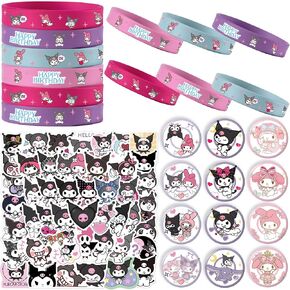 Kawaii Birthday Party Decorations, Kawaii Birthday Party Supplies Include 12 Bracelets, 12 Button Pins, 50 Stickers, Kawaii Party Favors