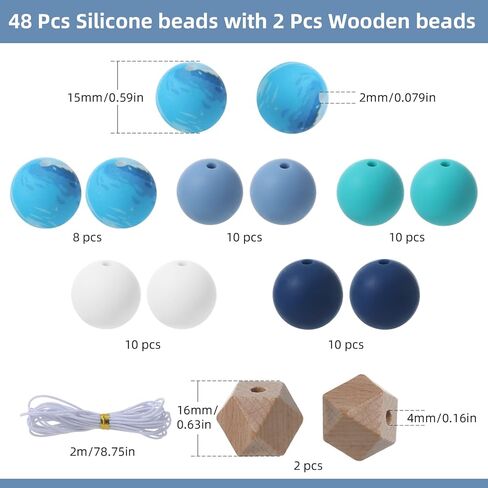 48Pcs Silicone Beads for Bracelets with 2Pcs Wooden Beads and Elastic Strings,15mm Silicone Beads Bulk Petal Bracelet Making Kit Focal Beads for Pens Silicone Beads for Keychain Making Kit in Kuwait