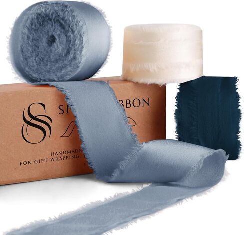 Blue Navy Ivory 1 Inch 18 Yards Silk Satin Ribbon Handmade Frayed Ribbons for Gift Wrapping, Crafts, Baby Shower, Wedding Invitations, Flower Bouquet, Holiday Decor in Saudi Arabia