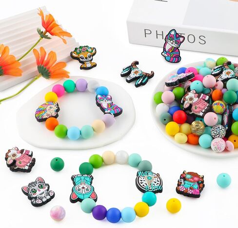 12PCS Animals Silicone Focal Beads for Pens, Cats Silicone Beads for Keychain Making Colorful Cats Character Silicone Beads for Bracelet Necklace Craft in Saudi Arabia