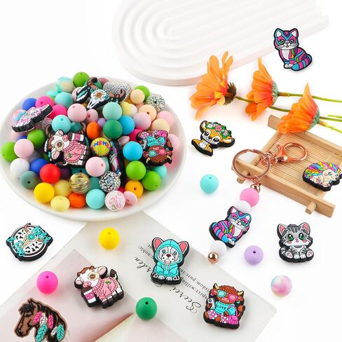12PCS Animals Silicone Focal Beads for Pens, Cats Silicone Beads for Keychain Making Colorful Cats Character Silicone Beads for Bracelet Necklace Craft in Saudi Arabia