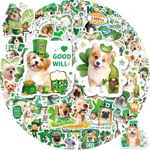 140 Pcs St Patricks Day Stickers for Kids, Cute Vinyl St Patricks Dog Stickers Bulk for Water Bottle, St Patricks Day Party Favors, Shamrock Sticker, St Patricks Day Gift for Kids Teens Adult in Saudi Arabia