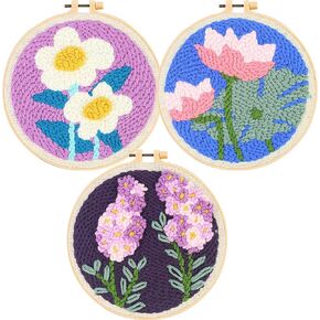Allazone 3 Set Punch Needle Embroidery Starter Kits with Flower Pattern, Punch Needle Tool Threader Fabric, Yarn, Embroidery Hoop for Crafts, Home Decor