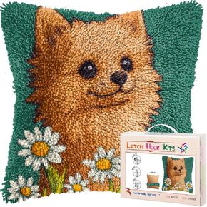 DIY Latch Hook Pillow Kits for Adults Cute Pomeranian Dog and Daisy Printed Pillowcase Crochet Yarns Hooking Handmade Pillow Cover Cushion for Home Sofa Decor 17x17inch(1)