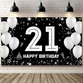 Happy 21st Birthday Decorations for Her Him - Fabric 21 Birthday Door Banner, Yard Sign, Photo Props Background Outdoor Indoor - Black Silver Birthday Party Decor Supplies for Men Women