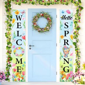 Spring Party Decorations, 71"X12" Welcome Hello Spring Porch Banner, Colorful Floral Green Leaves Porch Sign, Seasonal Holiday Wedding for Yard Indoor Outdoor Decorations