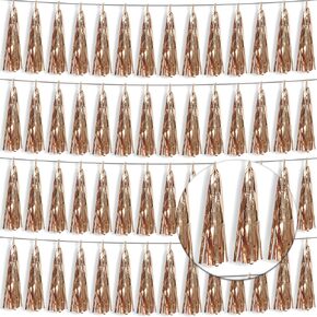 4P Rose Gold Foil Fringe Tassel Banner Garland Metallic Tinsel Streamers Wall Hanging Curtain Backdrop Banner for Parade Floats, 2024 Graduation Decorations, Wedding Party Decoration