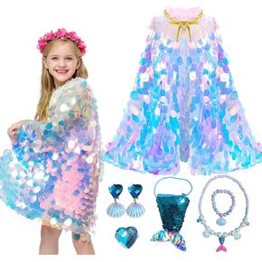 Mermaid Dress Up Clothes, Princess Cape Set, Girls Princess Cloak with Crown Wand, Gift Set for Girl 3,4,5,6,7,8 Years Old Birthday Halloween Christmas Gift