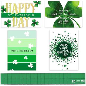 Happy St. Patrick's Day Cards for Family & Business (Shamrocks & Stripes) Saint Patrick Bulk Greeting Card Set Pack of 25 with Green Envelopes (5x7 inch - A7) Office, Work, Employees & Clients SPD100