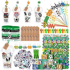 حفلات كرة القدم تفضل 184 PCS زخرفة حفلة عيد ميلاد كرة القدم مع الكؤوس قش الأساور صفارات المعصم ملصقات مفاتيح شكر لك العلامات على لوازم الحفلات الرياضية