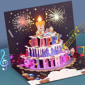 Musical Birthday Cards, 3D Pop Up Birthday Card with Music and Light, Firework Greeting Card with Interactive Blowable Candle, Birthday Gifts for Women Men Kids Child Father Wife (Pink)