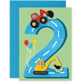 CENTRAL 23 Second Birthday Card for Boys - Happy 2nd Birthday - Age 2 - Two Year Old - Tractors Greeting Card - Fun Construction Vehicle Themed Card for Kids - Son, Grandson, Toddler