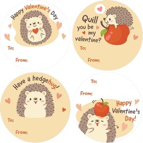 DISTINCTIVS Hedgehog Valentine's Day Stickers, 40 Count, Round Labels, To/From Format, Made in USA