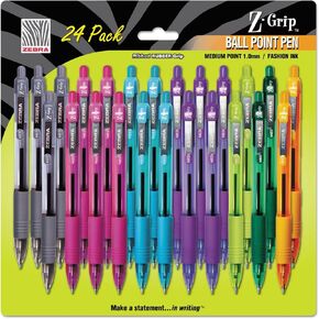 Zebra 12271 Z-Grip Retractable Ballpoint Pen, Assorted Ink, Medium Point, 24/Pack