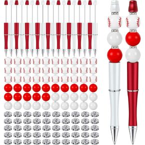 Whaline 18Pcs Baseball Assorted Beadable Pen Red White Ballpoint Pen with 30Pcs Wooden Beads 30Pcs Baseball Beads 50Pcs Crystal Spacer Beads for DIY Crafts Office School Gifts Party Supplies