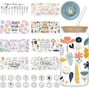 Bible UV DTF Cup Wrap - 10 Sheets Bible Verse UV DTF Cup Wraps for 16 oz Glass Cups, Christian Inspirational Floral UV Transfer Stickers, Flower Uvdtf Cup Wraps Waterproof Water Bottle Decals
