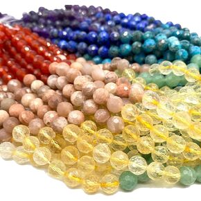 ABCGEMS Seven Chakra Beads (The Ultimate Combination of The Strongest Energy Stones) Honey Citrine, Peach Moonstone, Amethyst, Apatite, Lapis, Carnelian, Aventurine - Micro-Faceted Round Tiny 4mm
