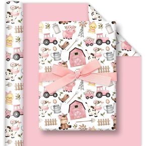 FYSUIMU Farm Animal Wrapping Paper - Mini Roll - 17 Inch x 32.8 Ft Pink Barnyard Gift Wrap Paper Double-Sided Art Paper for Home Party DIY Crafts Supplies