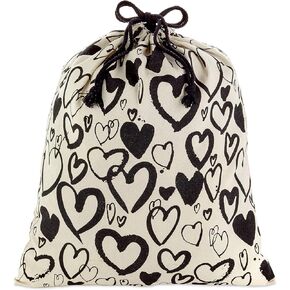 Hallmark 19" Large Canvas Bag with Drawstring (Ivory with Black Hearts) for Valentines Day, Weddings, Bridal Showers, Anniversary and More