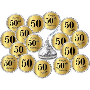 Gold Foil 50th Birthday Kisses Stickers, (Set of 216) Chocolate Drops Labels Stickers for 50th Birthday, Party Favors Decor for Kisses. Made in USA