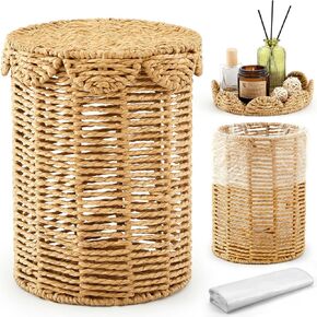 Ctosree Small Wicker Trash Can 1.3 Gallons Woven Wicker Bathroom Waste Basket with Lid Handle Boho Trash Basket with 100 Plastic Garbage Bags for Bedroom Office Laundry (Classic Style)