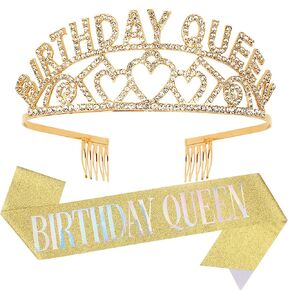 Birthday Queen Crown and Birthday Queen Sash Kit, Aprince Birthday Crowns for Women Girls Birthday Decorations for Women Tiara for Girl Gold Crown and Birthday Sash Happy Birthday Party Decorations