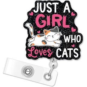 ERHACHAIJIA Just A Girl Who Loves Cats Retractable Black Glitter Badge Reel with Clip, Funny Cat ID Card Badge Holder Gift for Nurses Doctors Teachers Student Office Worker Social Worker Cat Lover