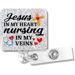 Jesus in My Heart Nursing in My Veins Funny Glitter Badge Reel, Retractable Badge Holder with Alligator Clip for Doctor Nurse, Nursing Student Gifts, Christmas Religious Gifts for CNA RN EN