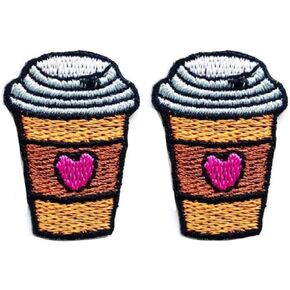 PLpatch Set of 2 Tiny. Mini Cute Little Coffee Cup Patches Cartoon logo1 Patches Sew Iron on Embroidered Applique Badge Sign Patch Clothing Costume