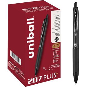 uniball 207 Plus+ Retractable Gel Pens 12 Pack in Black with 0.7mm Medium Point Pen Tips - Uni-Super Ink+ is Smooth, Vibrant, and Protects Against Water, Fading, and Fraud
