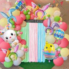 Easter Balloon Arch Garland kit with 131 Pcs Easter Decoration Balloons Easter Bunny Balloons Fringe Curtains Backdrop for Easter Birthday Party Supplies Spring Party Decorations