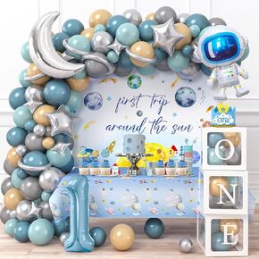 Winrayk 156Pcs First Trip Around the Sun Decorations 1st First Birthday Decorations for Boy, One Boxes Backdrop Tablecloth Hat Foil Balloon Cake Topper, Galaxy Space 1st Birthday Party Decorations Boy