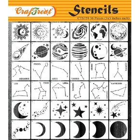 CrafTreat Reusable 36 Pieces Zodiac Sign Stencils for Painting (3x3), Sun Moon and Star Stencils Planets Solar System Constellation Stencil Moon Phase Stencil
