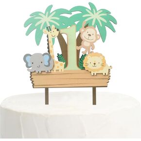 Wild One First Birthday Cake Topper，Wooden Cake Decoration，Animal Theme 1st Birthday Cake Topper，Baby's First Birthday Jungle Safari Cake Topper，Wild One Wooden Cake Photo Props