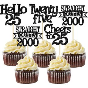 Ephlyn 24Pcs 25th Birthday Cupcake Toppers Glitter Straight Outta 2000 Cupcake Picks Hello 25 Cheers to 25 Years Cake Decorations for 25th Birthday Anniversary Party Decorations Supplies Black