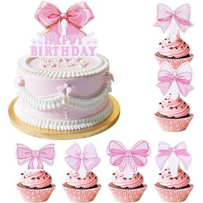 25 Pack Pink Bow Cupcake Toppers, Pink Bowknot Cake Toppers, Happy Birthday Cupcake Picks, Pink Bow Cupcake Decorations, Dessert Cake Toppers for Wedding Bachelorette Party