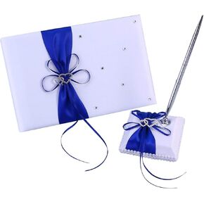 Wedding Guest Book and Pen Set Double Heart Rhinestone Decor Signature Book with Pen for Wedding Party Decorations - Blue