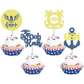 24 Pcs Military Themed Cupcake Toppers Gold and Blue Glitter Ooh Rah Cupcake Picks Navy Bound Themed Cupcake Decorations Welcome Ceremony Army Birthday Party Cake Decorations Supplies