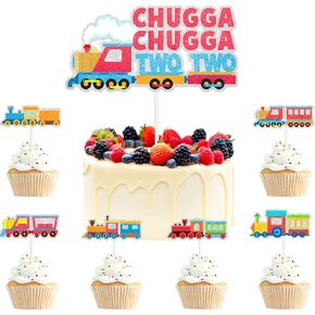 7pcs Train Chugga Two Cake Topper Set choo choo theme kids happy birthday railroad train cross decorations, Train theme party, baby shower, boys and girls birthday party decoration supplies. LIANGSS