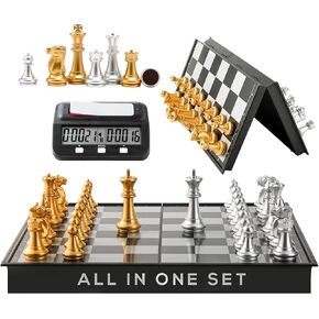 Magnetic Chess Board Game & Digital Chess Clock Timer Set - Professional and Portable, 14" x 14" Inches Chess Board - Travel Chess, Board Games