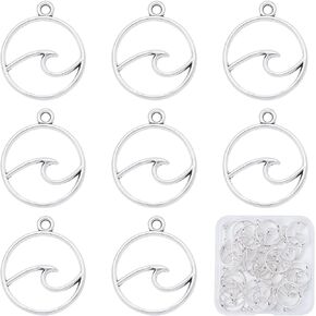 SUNNYCLUE 1 Box Wave Charms Waves Charm Bulk Ocean Sea Surfer Charm Flat Round Hollow Openwork Double Sided Charms for Jewelry Making Charm DIY Summer Hawaii Necklace Bracelet Earring Adult