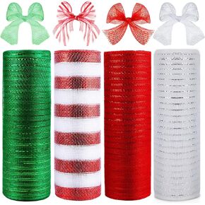 4 Roll Easter Poly Mesh Ribbon, 10 Inch x 30 Feet Metallic Poly Mesh Ribbon Pink Green and Yellow Glitter Foil Mesh Ribbon Decorative Mesh Rolls for DIY Wreath Crafts Party Decoration